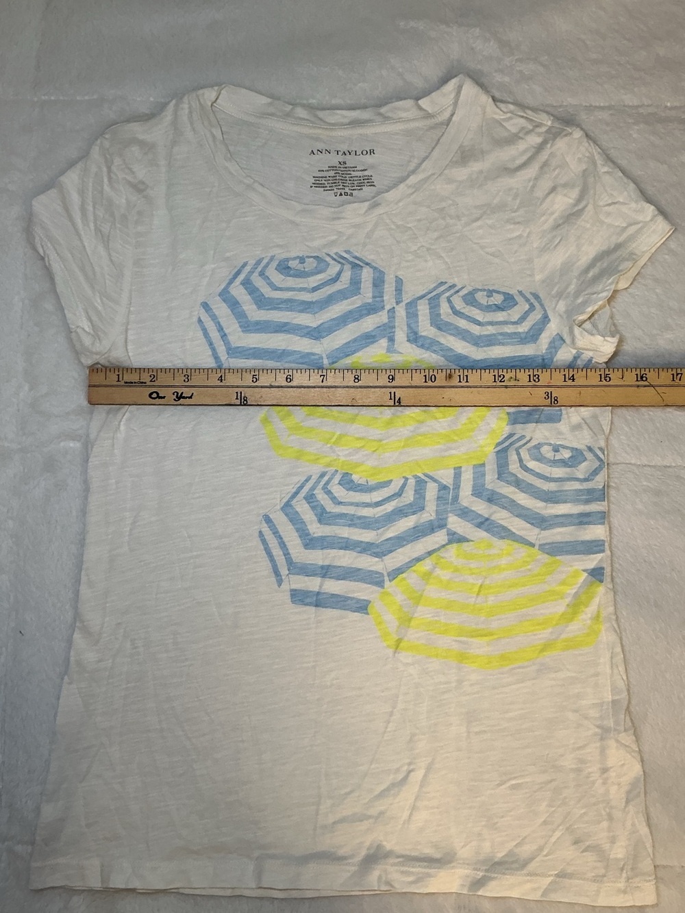 Women’s White Graphic Tee with Blue and Yellow Umbrella Print - Picture 5 of 7